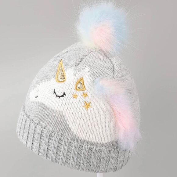 Toddler Kids Cute Winter Knit Unicorn Rainbow Pompom Beanie Hat - Picture 1 of 4